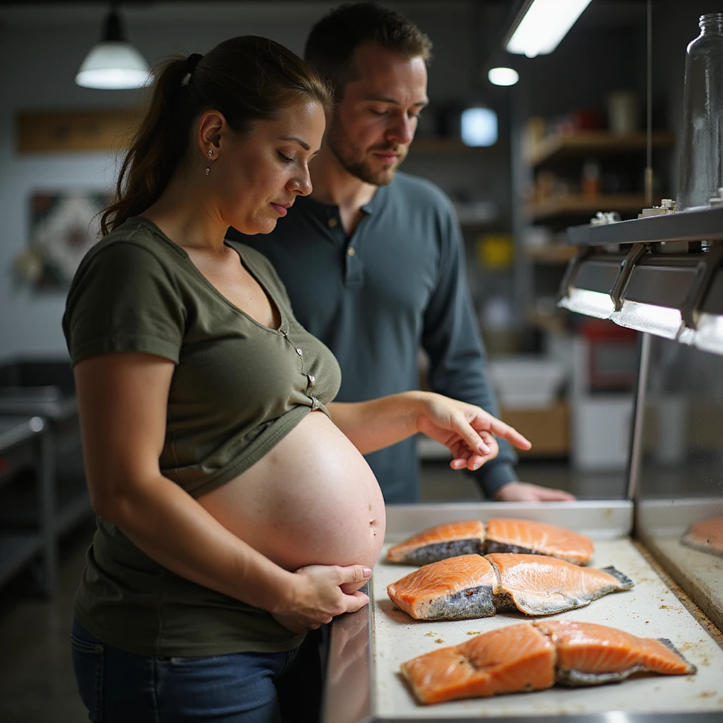 realistic pregnant woman in 4K explaining to partner why she doesn't want to eat raw salmon pointing at belly and fish counter with salmon showing visible parasites emoji