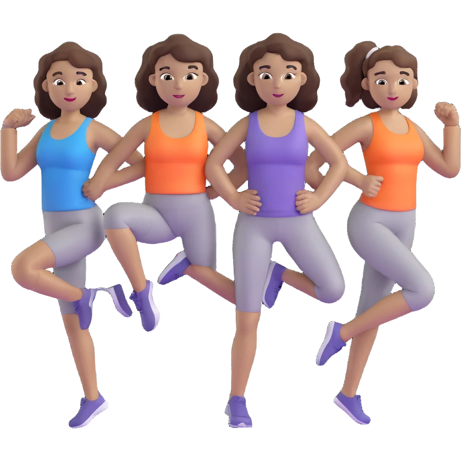 three women friends exercising together, one black woman with curly brown hair, one pale white woman with curly brown hair, and one pale white woman with straight brown hair in a ponytail emoji
