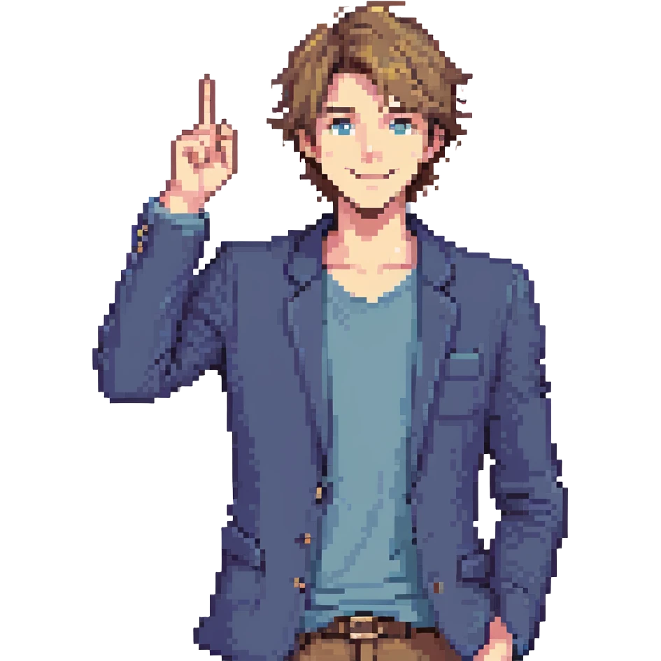 Flat pixel are, lively and clever male debater, fair skin, short messy light brown hair, sharp eyes with a mischievous smile, wearing indigo blazer over a casual t-shirt, one hand raised mid-gesture, waist-up, front-facing emoji