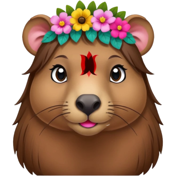 capybara with faka eye lashes and make up on - bright lipstick and eye make up - long brown hair, flowers in her hair

 emoji