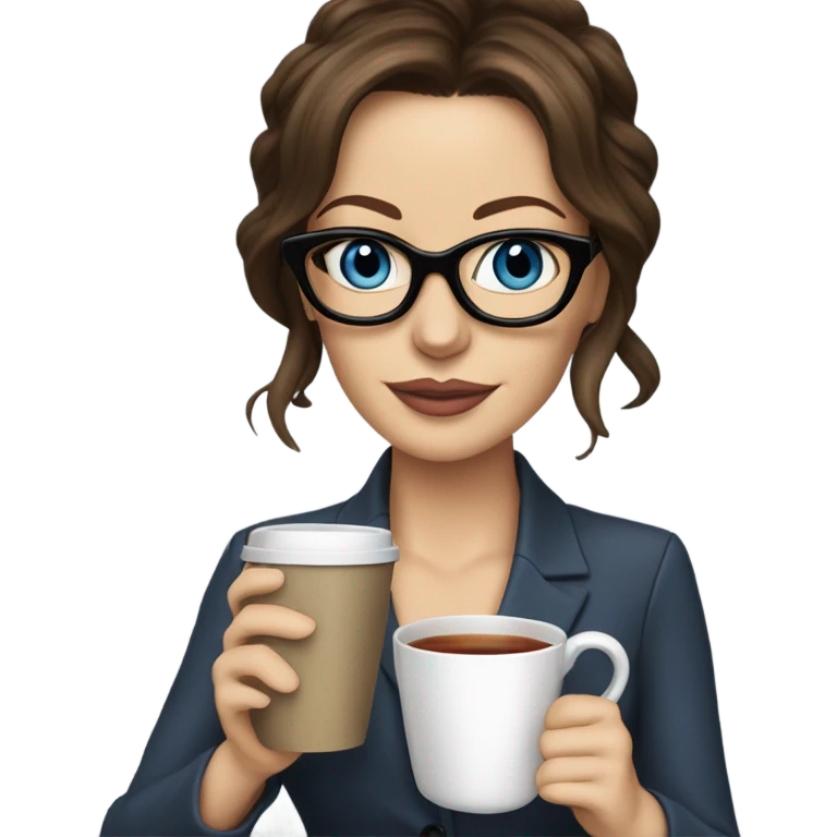 Lifelike Kate Beckinsale blue eyes wearing glasses in a business dress drinking a cup of tea  emoji