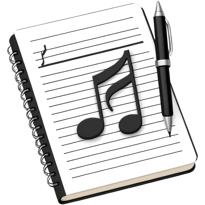 Minimalistic flat vector icon, iOS style, thin black contour on white background. Small notebook with a musical note on the cover, a pen placed next to it. Clean, modern, no text, no shadows. emoji