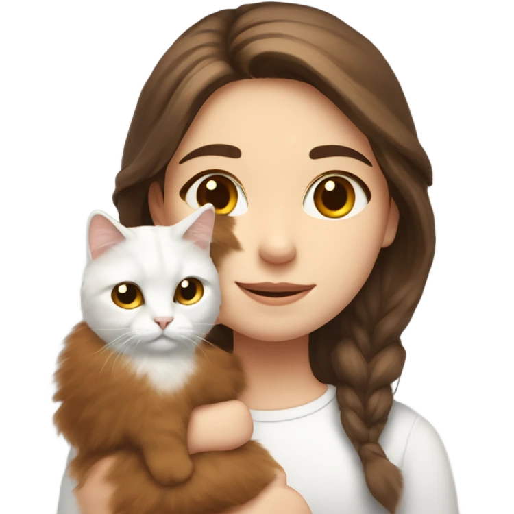 A girl with middle long brown hair and a white fluffy cat is lying on her left shoulder and neck emoji