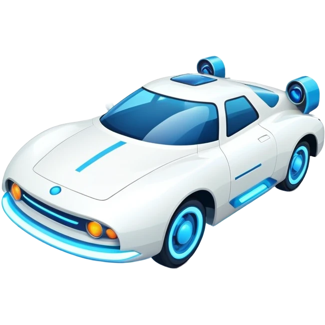 Futuristic retro hover white car with angular design and glowing blue wheels, flat vector style, minimal color palette with blue highlights emoji