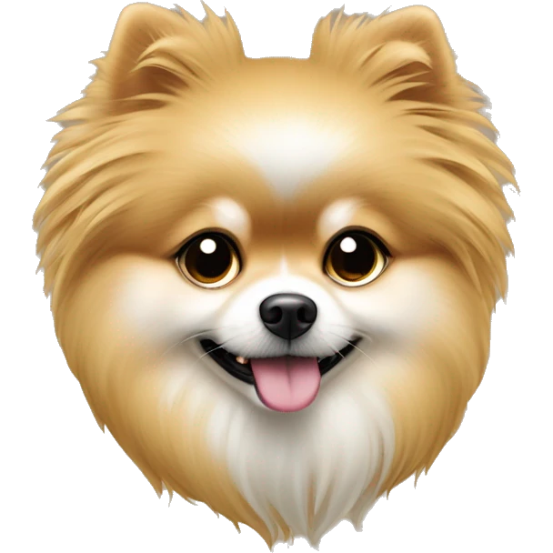 Hay una chica rubia guapa con el pelo liso con volumen y ojos negros que tiene en brazos un pomeranian blanco y rojizo emoji