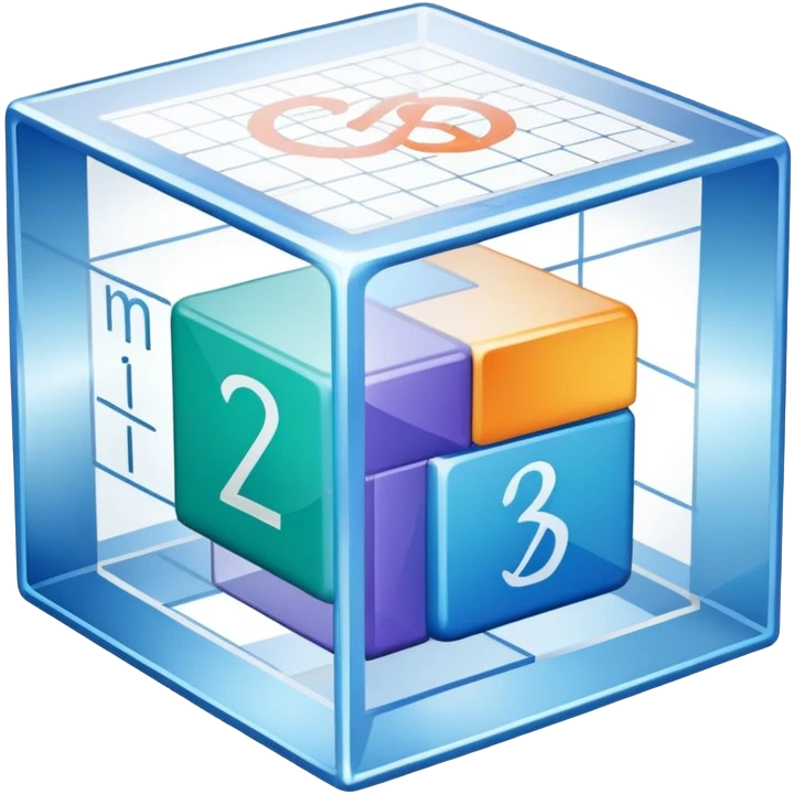 An icon featuring a transparent cube with geometric sections and mathematical calculations, symbolizing the study of mathematics. The design includes algebraic formulas, graphs, and mathematical symbols, representing advanced mathematical concepts and problem-solving. Transparent background emoji