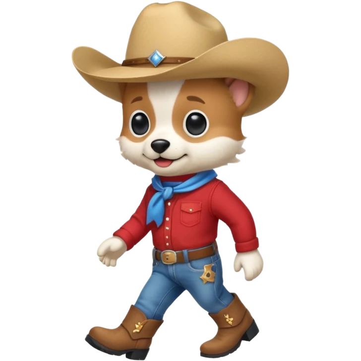 Steampunk a very cute and adorable anthropomorphic puppy with a cowboy hat ,red shirt and blue jeans and white boots is walking  emoji
