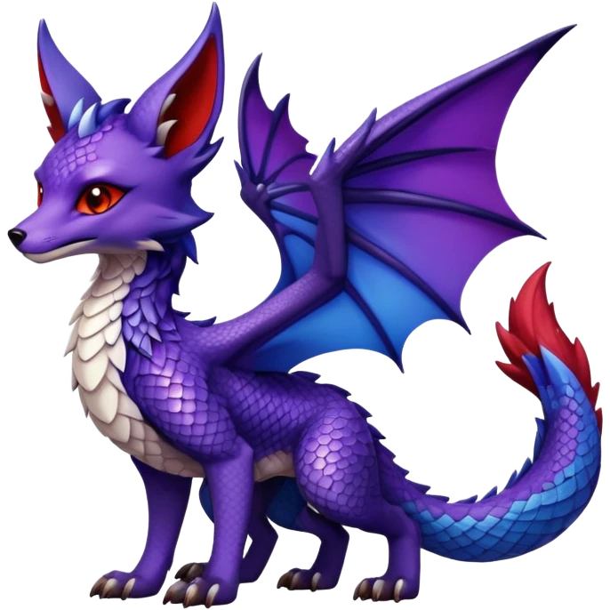 Fox dragon hybrid front facing full body dark purple and blue and red emoji