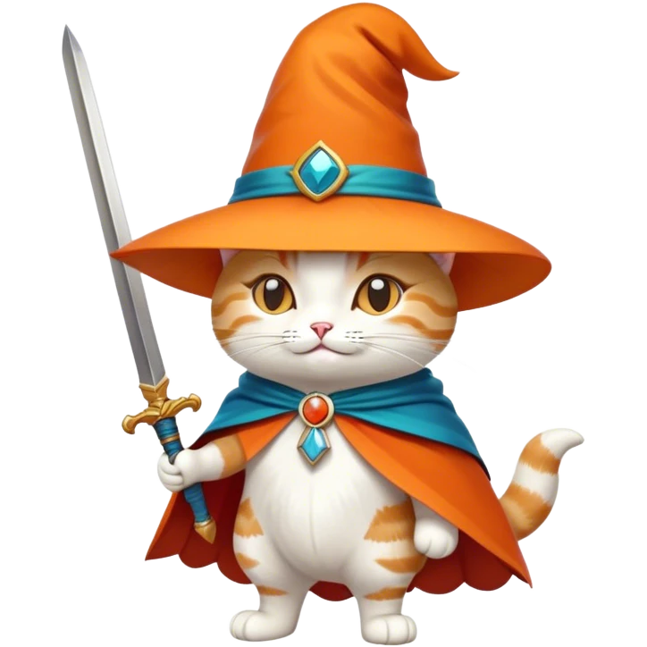 A charming cartoon-style cat wearing a wide-brimmed hat with a feather, a stylish cape, and tall boots, standing confidently with a playful smirk, holding a small sword. Bright, vibrant colors, simple and expressive design, perfect for an emoji. emoji