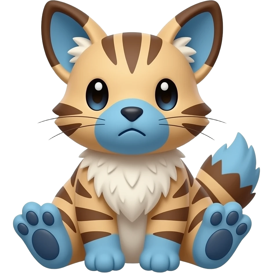 puffy fluffy-pawed thick bushy soft realistic innocent sad pretty precious cute young brown-and-white-striped Fakémon-Pokémon-feline-Zeraora-Jolteon-serval-caracal-chinchilla-Minccino-Cinccino-Meowstic-rodent-hybrid-creature (full body) with blue muzzle, blue paws, tufted ears emoji