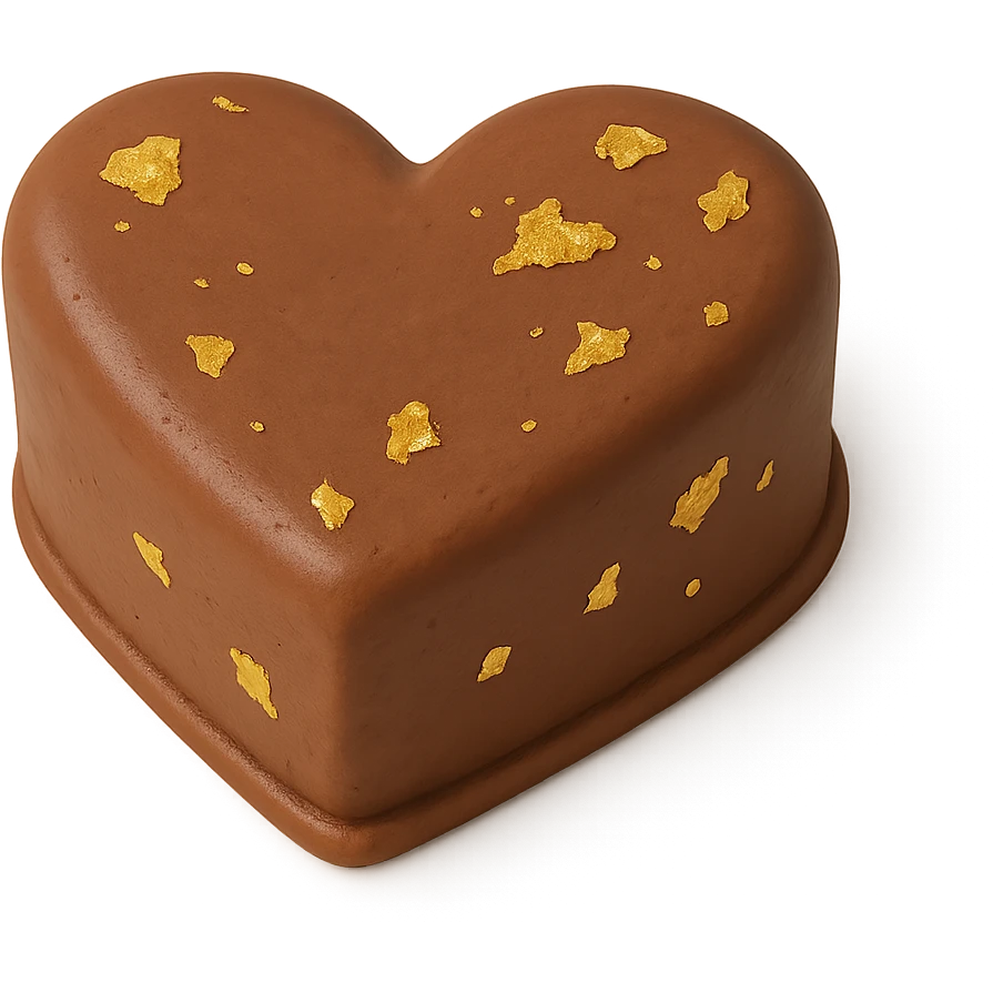 heart-shaped chocolate fondant cake with gold leaf, transparent background emoji