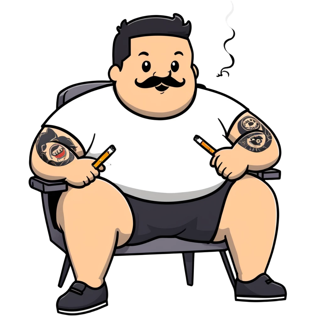Overweight man sitting back in chair with legs spread, holding cigarette, exposed belly, round face, very short black hair (not bald), short beard with mustache, black t-shirt with light stripes on top, black shorts, arms covered in black line tattoo patterns on forearms and shoulders emoji
