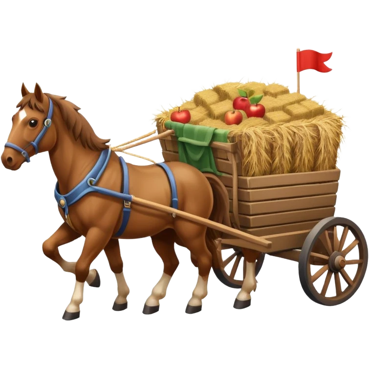 isometric horses pulling a cart with hay, apple emoji style emoji