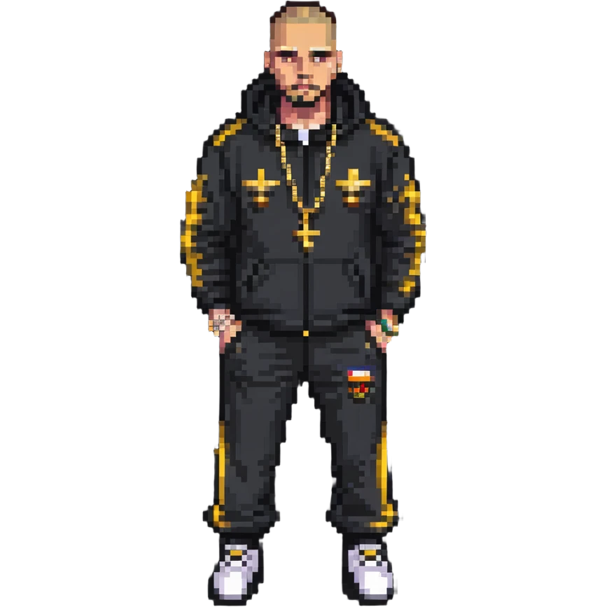 Russian gangster wearing a tracksuit and gold chain, pixel art style emoji