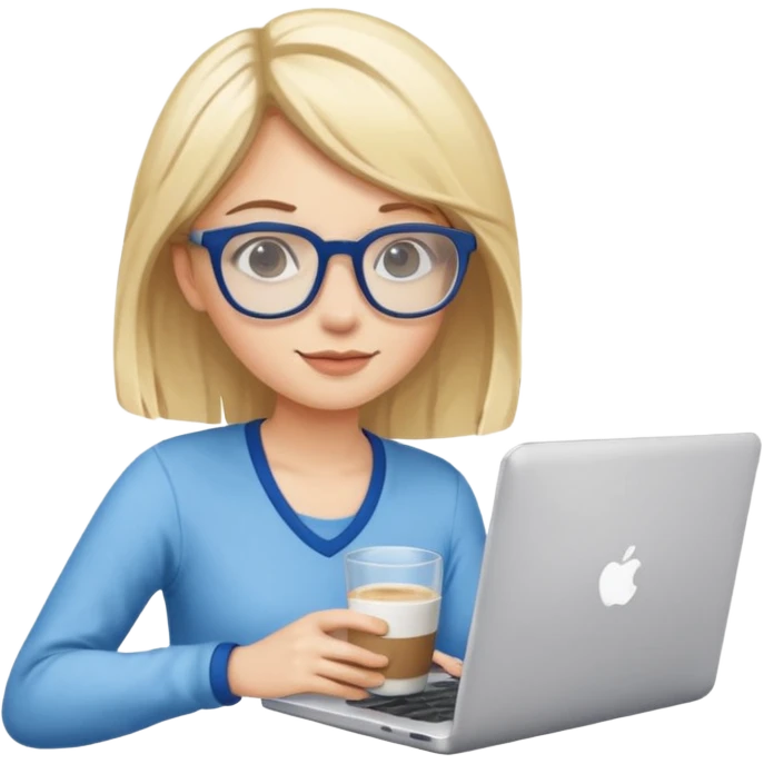 A girl with blonde hair and blue hair wearing glasses holds a laptop and a glass of coffee emoji