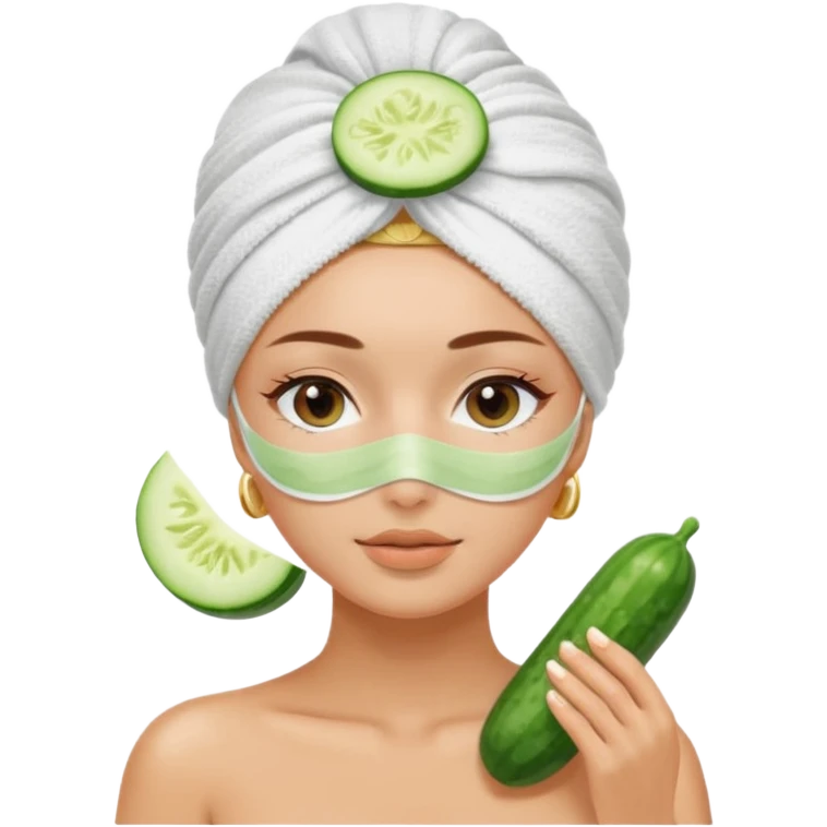 girl with her hair in a towel turban and a faks mask on and cucumber slices over her eyes at a spa emoji