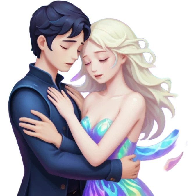 Two lovers surrounded by collapsing magic light, tragic dark fantasy romance emoji