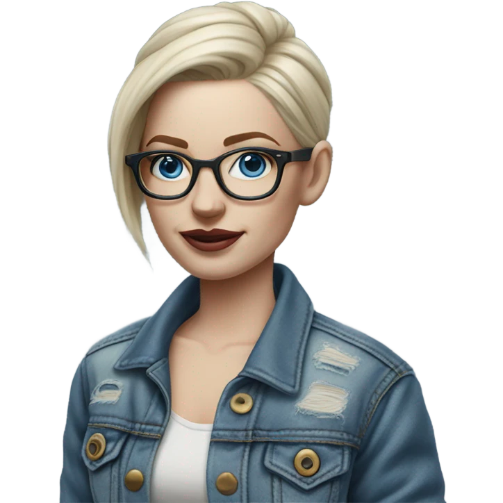 Hyper Realistic pale beautiful tattooed woman with glasses and blue eyes wearing denim jacket emoji