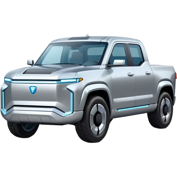 A futuristic electric pickup truck emoji, silver chrome body, angular cyber design, smooth metallic panels, subtle reflections, minimalistic proportions, iOS emoji style, centered composition, clean white background, soft lighting emoji