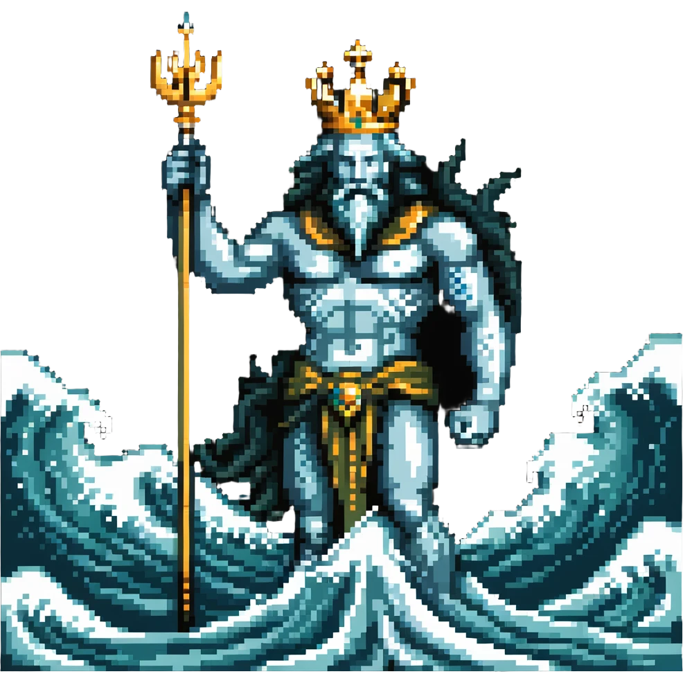 Neptune with trident emerging from ocean waves, sea god with crown emoji