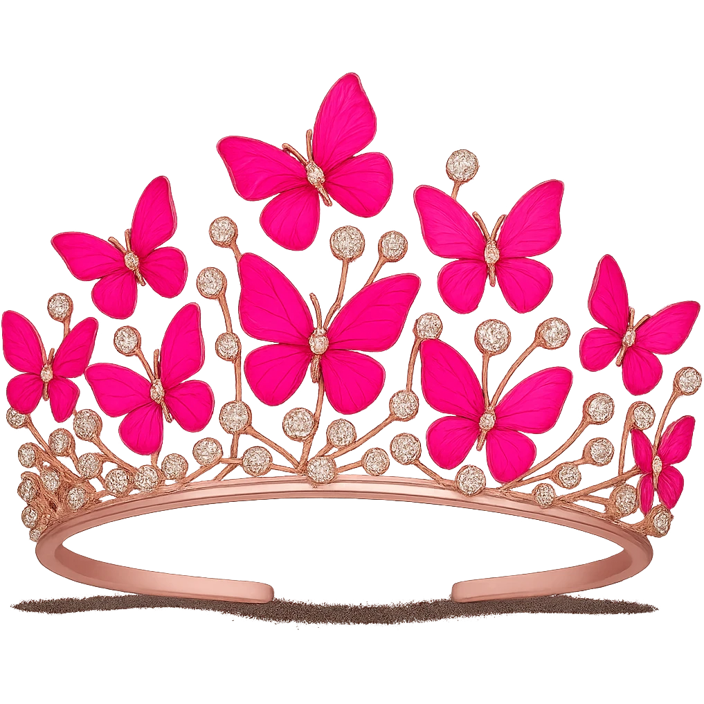 Enhance the vibrancy of the pink enamel butterflies on the crown, making them stand out more with vibrant pink enamel shades. Keep the sparkling gems and pink base intact. No background. emoji