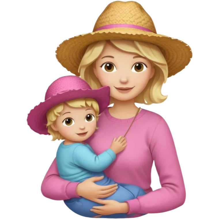 A cheerful wavy short blond hair mom in a straw hat carrying her child, wearing a pink sweater emoji