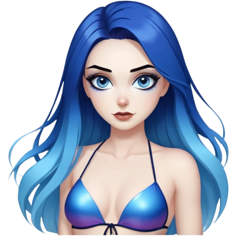 long legs-very very very large upper body-sexy face-sexy pose-very long very straight dark blue to light blue hair ombre-and-blue eyes-black eyeliner-thick long eyelashes-iridescent string bikini with superman emoji