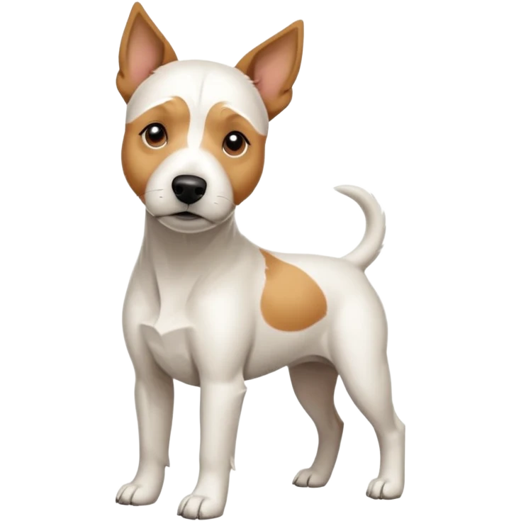 a full body facing front on of a buff white parson russell terrier looking dog the size of a kelpie with light brown long ears resting on its face and a light brown patch on one eye and a large snout. the rest of the dog is completely white.  emoji