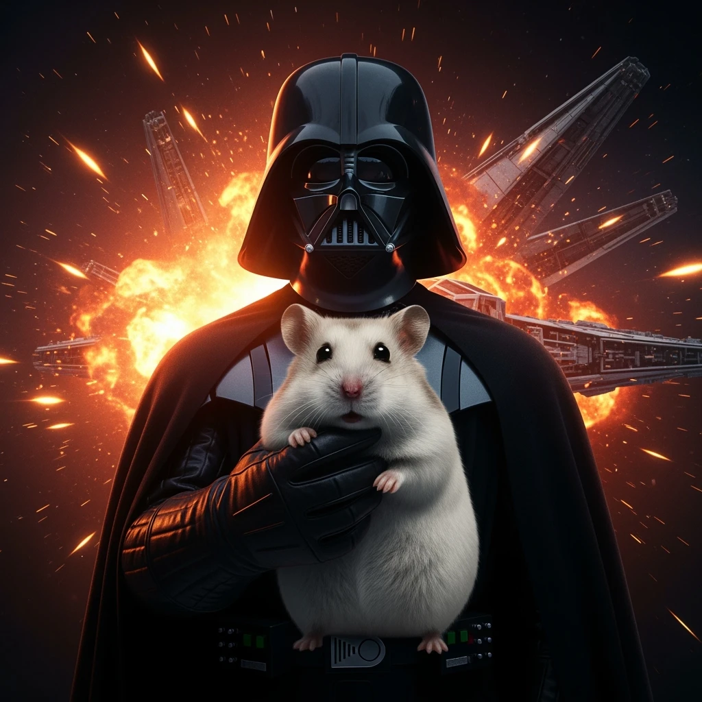 Cinematic still, Extreme Closeup Photo of a darth vader holding big hamster, low key light, explosion startship background with leading lines, back light, spot light emoji