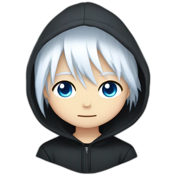 emote for a boy with head and shoulders only, chibi anime style, long straight white hair, blue eyes, black hoodie, sad emoji