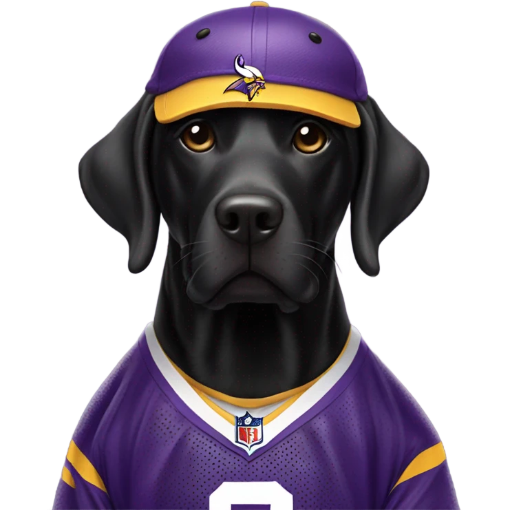 Black lab dog wearing a Minnesota Vikings jersey emoji