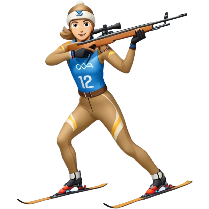 An icon showing a biathlete skiing on a snow-covered Olympic track with a rifle on their back. Cheering fans fill the stands. Majestic mountains, snowy trees, and a bright blue sky complete the scenic winter landscape. Transparent background captures the spirit of biathlon. emoji