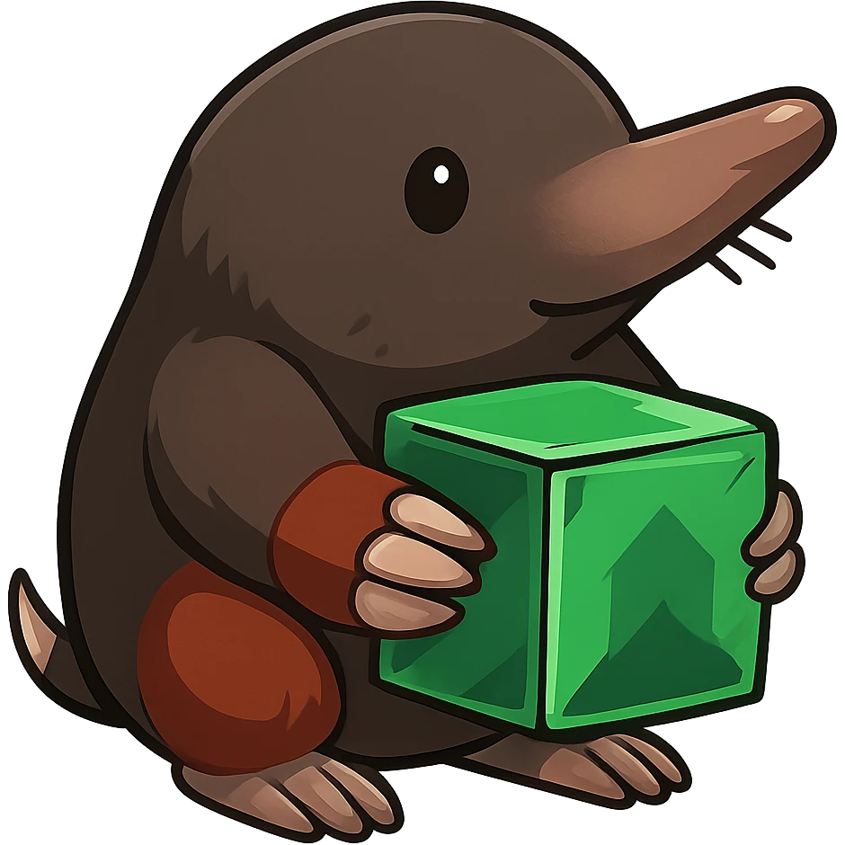 Make the character look more like a real mole with a longer nose, small eyes, and mole-like features, still holding a Minecraft emerald block. The style should be cartoonish and cute with no background. emoji
