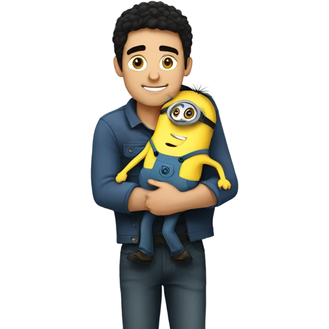white male, brown eyes, black hair hugging and holding a minion with green eyes emoji
