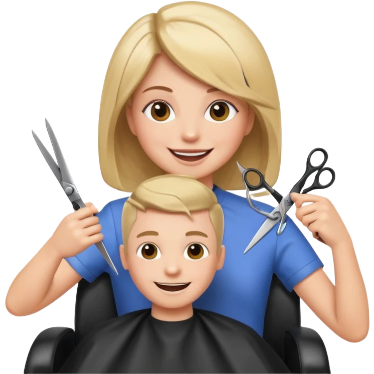 salon hair cut emoji, a person getting a haircut in a salon chair, scissors visible, cheerful expression emoji
