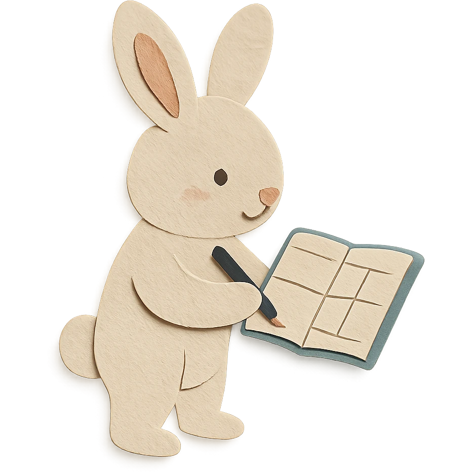 highly detailed, high quality paper craft style illustration of a cream-colored bunny standing and writing in a planner, intricate textures, soft lighting, delicate cut-paper details emoji