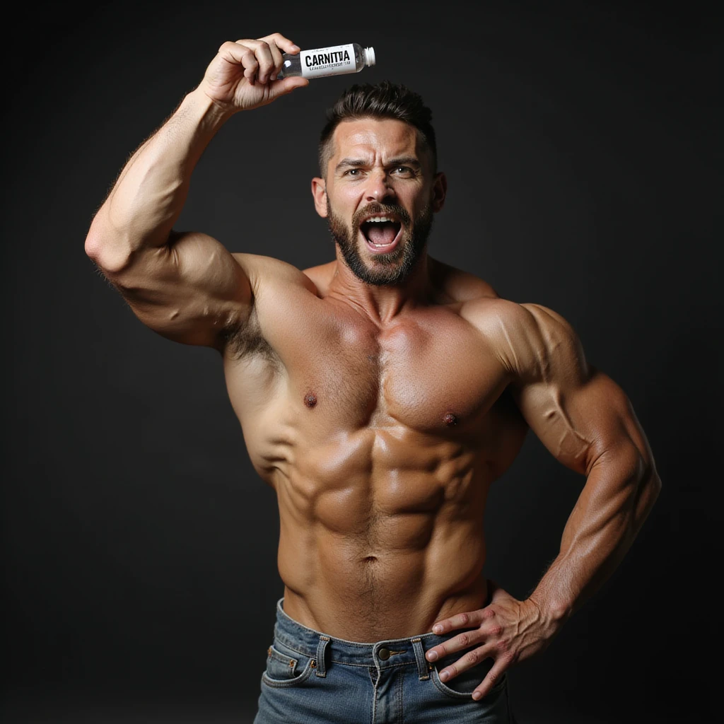 bodybuilder in victory pose, hyperrealism 4k, holding a vial with a label 'CARNITINA' in large block letters emoji