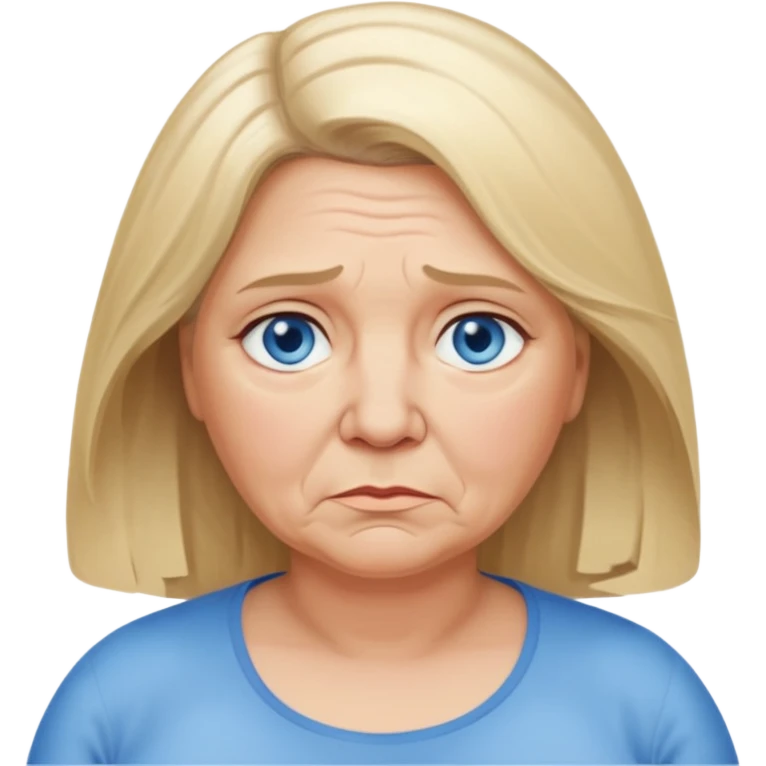 Head image of older fat dishwater blonde woman with shoulder length hair and blue eyes. Neutral expression bordering on sad. emoji