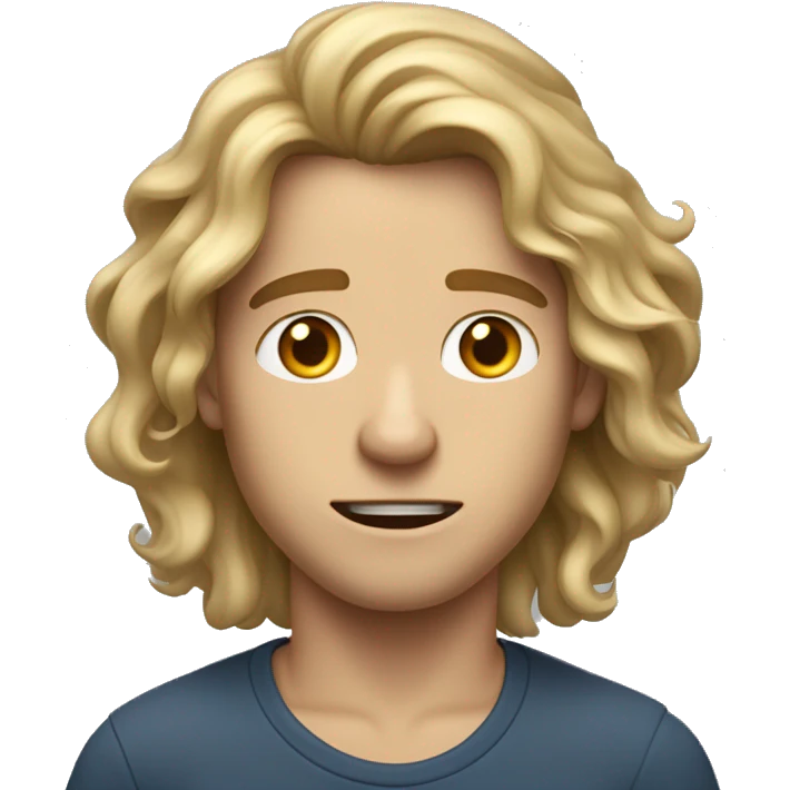 A handsome young man with long, wavy dirty-blonde hair cascading down past his shoulders, his face contorted in a look of utter shock emoji