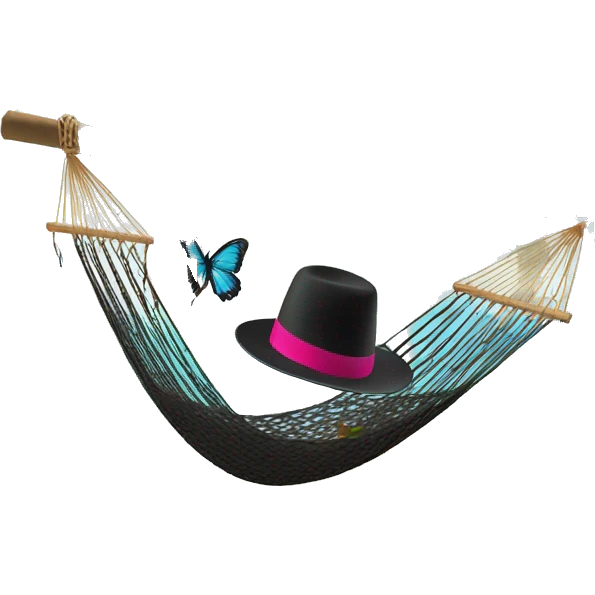a knit top hat with butterfly on a tree and a hammock on the beach emoji