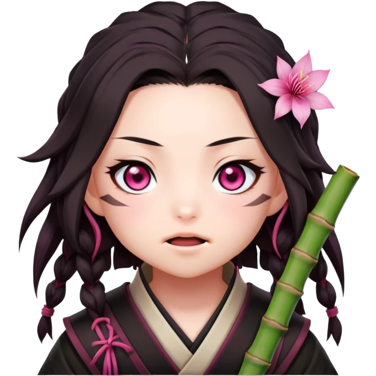 cute Nezuko from Demon Slayer with bamboo muzzle in her mouth and pink eyes emoji