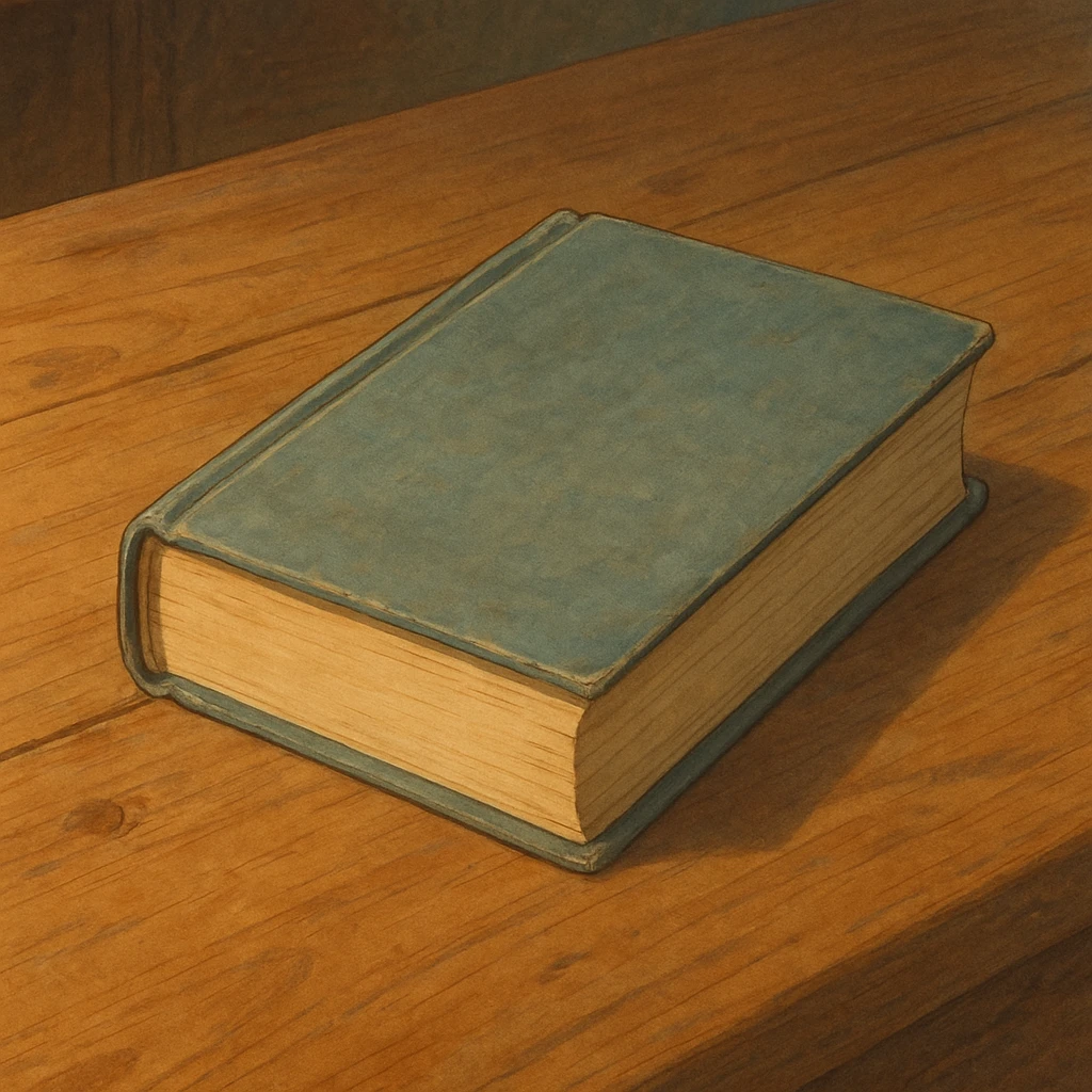 realistic ghibli style illustration of a book on a wooden table emoji