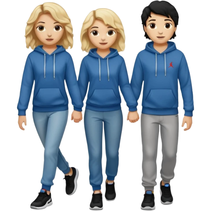 blonde girl with black haired boy holding hands, the girl has wavy hair and makeup and shes wearing jeans and a top and the boy has a jordan hoodie and jogging sporting bottoms emoji