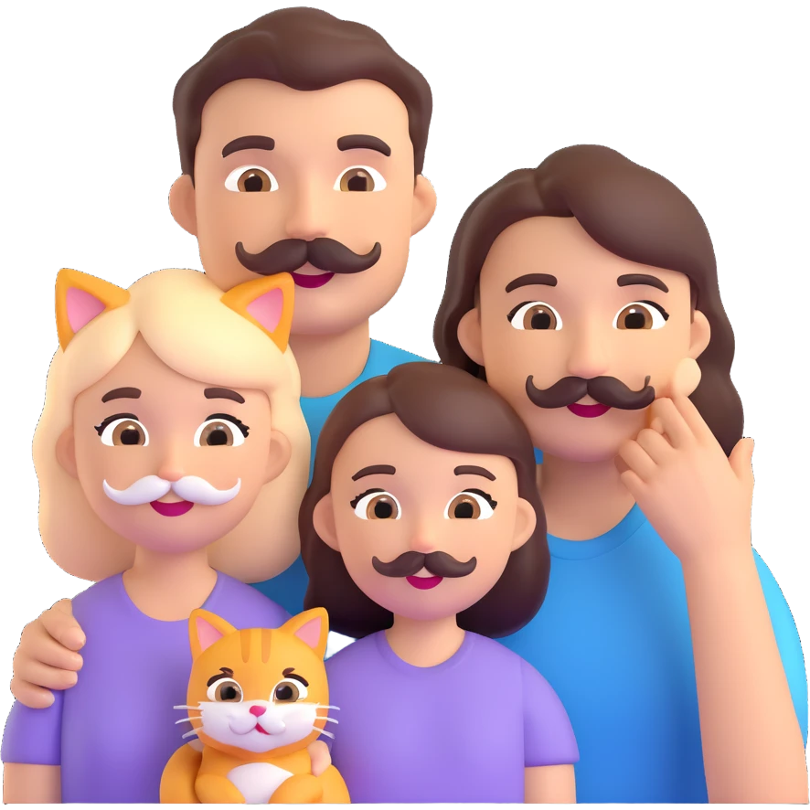 a family of three (mom, dad with mustache, daughter) with three cats, all together, friendly 3D emoji style emoji