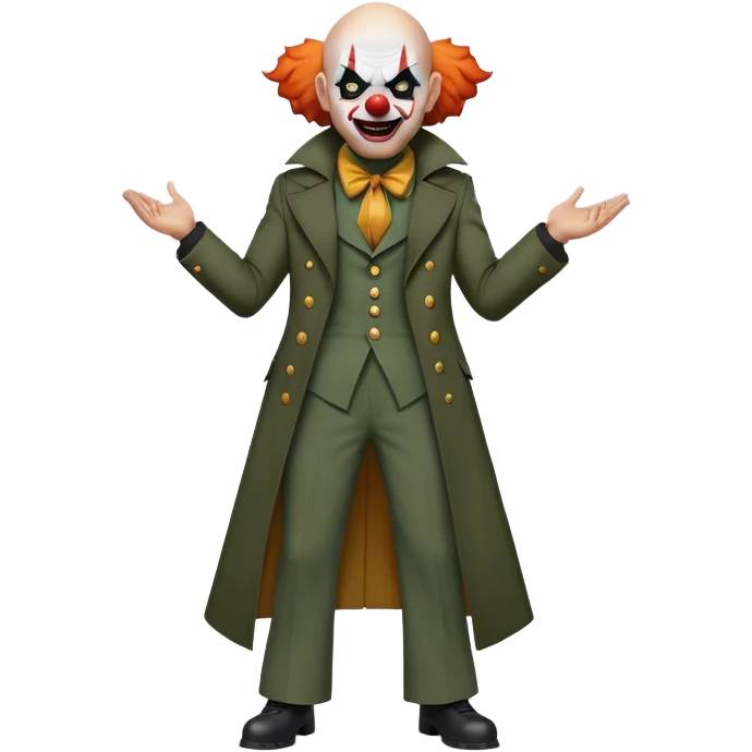 evil clown, bald, small black horns on forehead, fangs, pointed ears, eye patch over one eye, long coat over black and military green leisure suit with bellbottom pants, realistically proportioned, less bulky, full body, battle-ready, fighting posture emoji