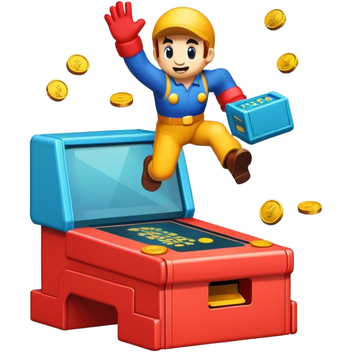 An icon featuring a classic arcade game scene, with a pixelated character jumping over obstacles and collecting coins. The design evokes the nostalgia of games like Super Mario or Sonic, with vibrant colors and a retro, 8-bit style. transparent background. emoji