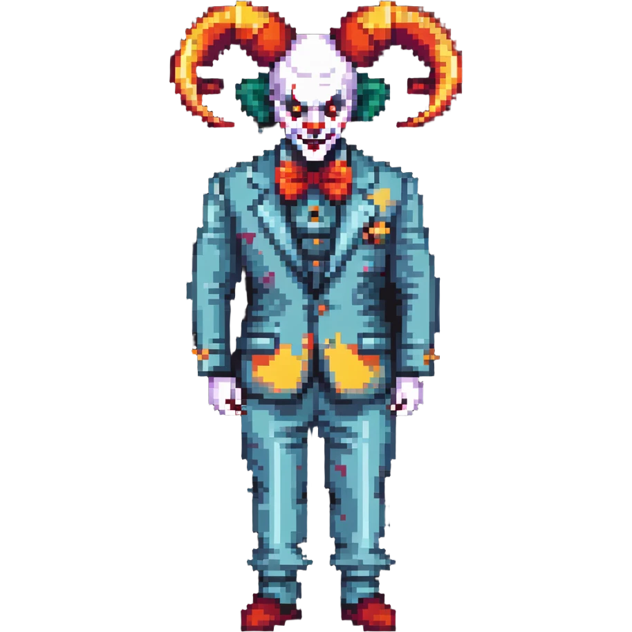 demonic clown wearing a leisure suit, bald with ram horns emoji