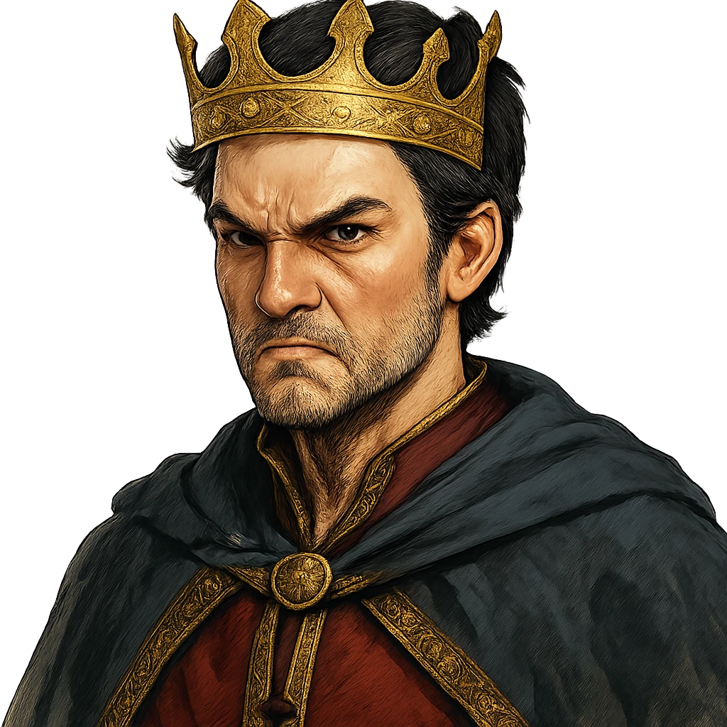 angry prince with golden crown, light skin, dark brown eyes, black hair, different style emoji