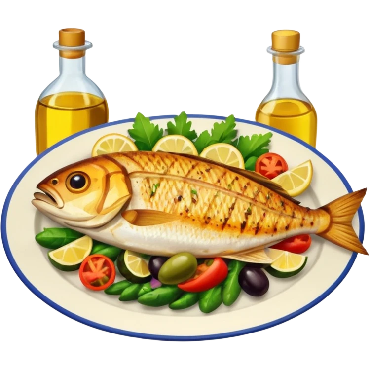 plate with fish, vegetables, and olive oil bottle emoji