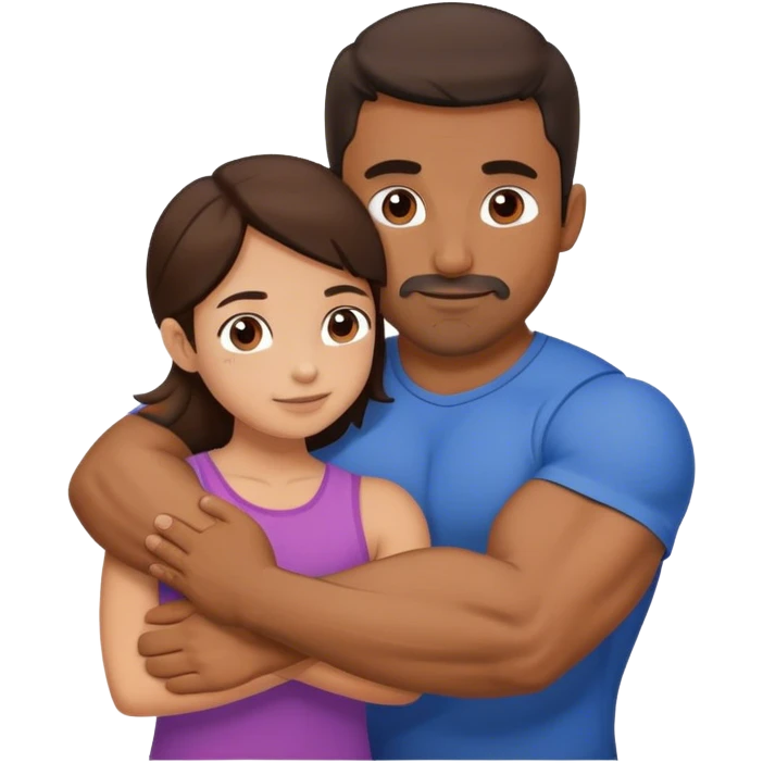 Brown man with short facial hair and muscles hug small brunette woman emoji